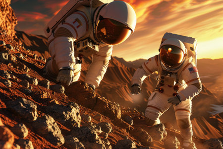 Astronaut climbing rocky terrain on a desolate alien planet with a glowing orange sky in the backgroundの素材