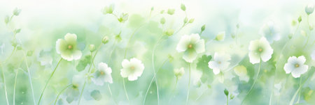 pastel watercolor floral background image with white flowers, in the style of light emerald and white. banner.の素材