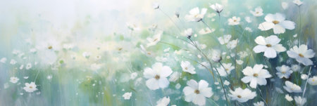 pastel watercolor floral background image with white flowers, in the style of light emerald and white. banner.の素材