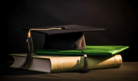 Graduation cap on books with elegant dark background and warm lightingの素材