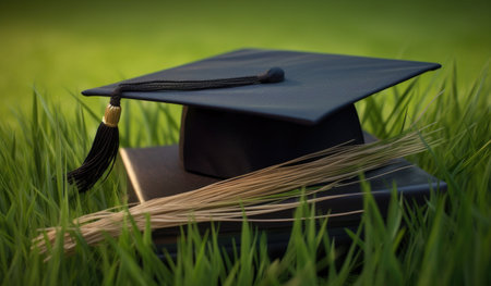 Graduation cap placed on an old book surrounded by lush green grass under soft sunlightの素材