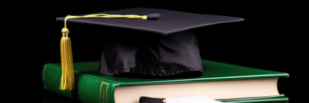 Graduation cap and diploma scroll resting on books with dark backgroundの素材
