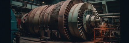 Worn industrial engine turning slowly in a dark factory spaceの素材