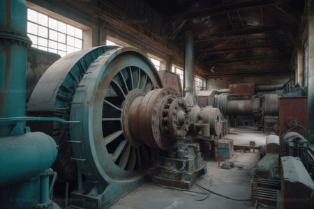 Massive rusted machine in an old factory hall with soft atmospheric lightの素材