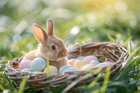 Brown rabbit sitting in a nest with green grass and soft sunlight, peaceful and charming vibeの素材