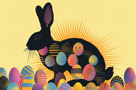 Black bunny surrounded by Easter eggs on a soft yellow backgroundの素材