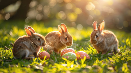 A group of cute rabbits playing on a sunny meadow surrounded by green grass and flowers, with soft sunlight creating a dreamy atmosphereの素材
