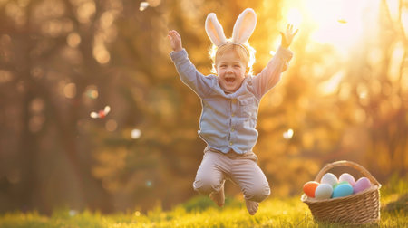 A joyful child wearing bunny ears runs through a sunlit meadow surrounded by vibrant greenery, celebrating the golden hourの素材