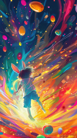 Deer standing in a colorful abstract landscape with vibrant lights and energy swirling around, radiating fantasy and lifeの素材