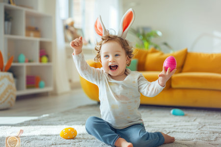A joyful child sitting on the floor with bunny ears, surrounded by warm colors and natural light in a cozy home settingの素材