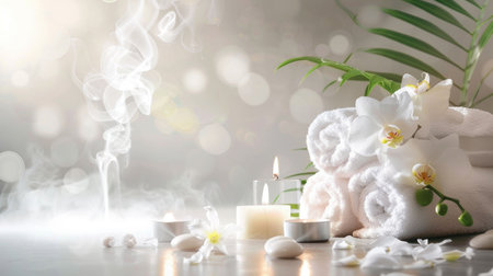 Soft white orchids with warm tones, fog, and natural elements conveying balance and harmonyの素材