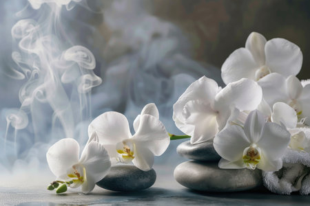 White orchids arranged on a wooden surface surrounded by smooth black stones, with soft steam rising in a serene, spa-like atmosphereの素材