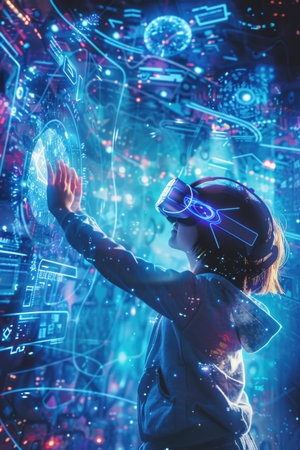 A person in a futuristic environment with glowing holograms, reaching toward a virtual display in a vibrant blue and purple color paletteの素材
