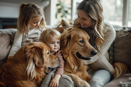 Golden retriever and child playing in a bright, cozy living room filled with natural sunlight, creating a joyful and heartwarming sceneの素材