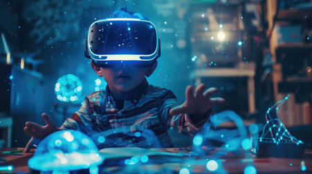 A high-tech character in glowing armor working with a futuristic holographic interfaceの素材