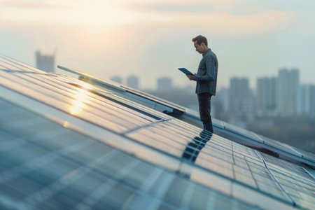 Person walking on solar panels during sunset with a distant skyline and glowing lightの素材