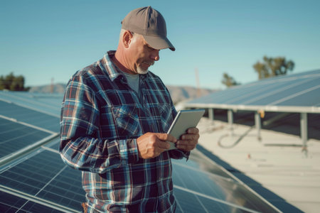 Technician performing maintenance on solar panelsの素材