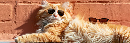 Ginger cat lounging against a blue brick wall under warm sunlight, showcasing its soft fur and calm demeanorの素材