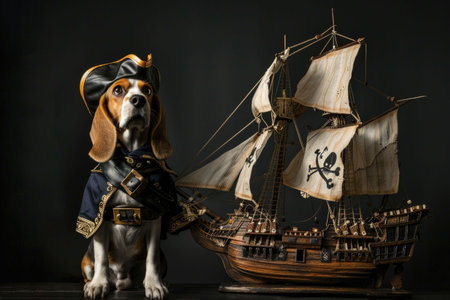 A pirate cat with a sailing ship prop, posed on a dark table with warm lighting and a vintage feelの素材