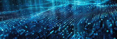 Glowing blue energy waves flowing through a dark background with a digital and futuristic aestheticの素材