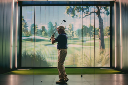 A golfer preparing a shot in an indoor simulator with tall windows and a serene outdoor projectionの素材