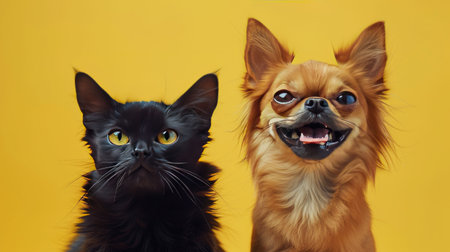 Two cats and a dog sitting together against a yellow backgroundの素材