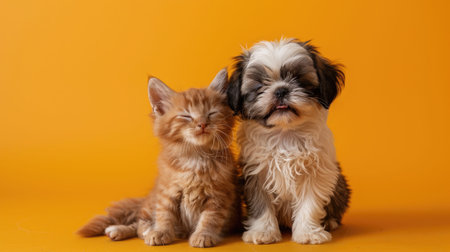 Fluffy golden retriever puppy and curious kitten sitting together on a yellow backgroundの素材