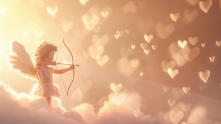 Child extending hand surrounded by golden light and particles, creating a magical and angelic feeling of wonder and warmthの素材