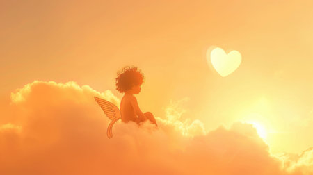 A child dances in a radiant golden and orange ethereal glow of soft magical light.の素材