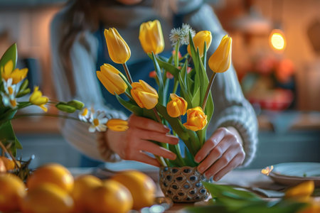 A rustic bouquet of yellow tulips in a kitchen surrounded by wooden kitchenwareの素材