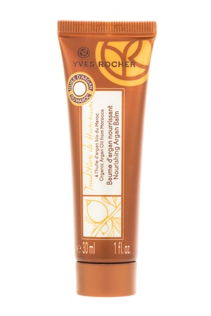 Arad, Romania - August 31, 2012: Yves Rocher Nourishing Argan Balm. Studio shot, isolated on white background.のeditorial素材