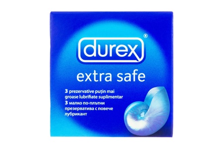 Arad, Romania - September 1, 2012: Box of Durex extra safe condoms. Thick and extra lubricated condoms, 3 pack. Studio shot, isolated on white background.のeditorial素材