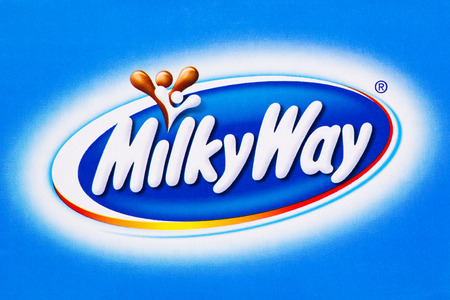 Arad, Romania - April 5, 2012 Milky Way bar logo printed on cardboard Studio shotのeditorial素材