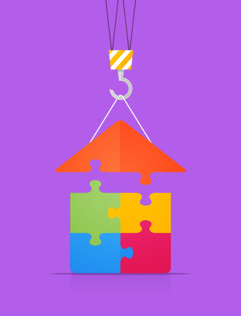 Flat style illustration of construction crane putting roof on the puzzle houseのイラスト素材