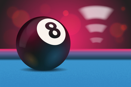 Eight ball on blue pool/billiard table with bokeh and lights in background illustrationのイラスト素材