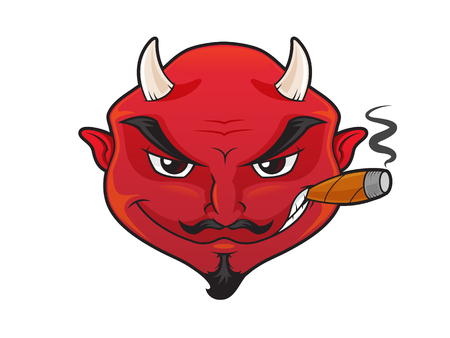 Red devil's face with evil grin smoking cigar cartoon illustrationのイラスト素材