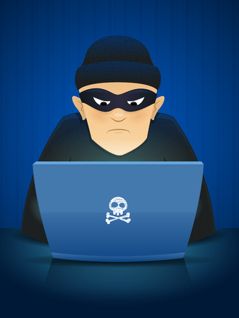 Masked hacker using his computer for cyber crime vector cartoon illustrationのイラスト素材