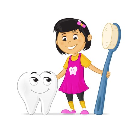 Happy little cartoon girl holding toothbrush, hugging tooth cartoon mascot characterのイラスト素材