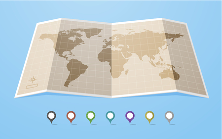 World map in flat style with map colored map pointers.のイラスト素材