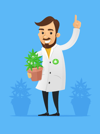 Happy doctor/scientist holding pot with marijuana/cannabis plant vector cartoon illustrationのイラスト素材