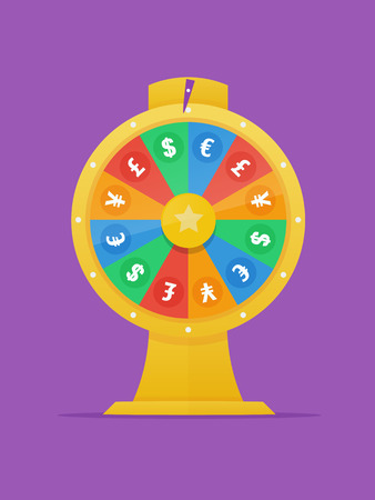 Forex golden wheel of fortune in flat style with dollar,euro, pound and yen currency symbols vector illustrationのイラスト素材