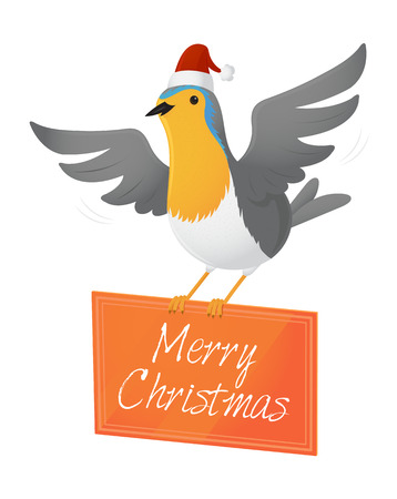 Christmas robin bird holding board with merry christmas text vector illustrationのイラスト素材