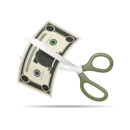 Budget Cut, scissors cutting dollar bill vector illustationのイラスト素材