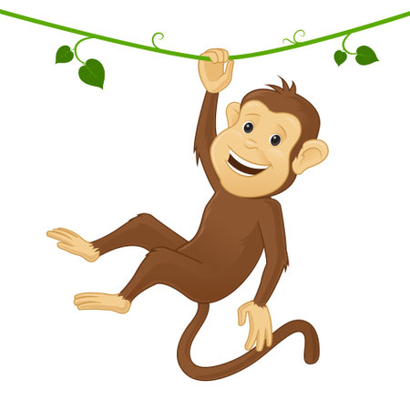 funny monkey hanging on a rope. vector illustration isolated on white backgroundのイラスト素材