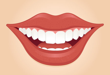 Illustration of a female mouth with white teeth on a beige backgroundのイラスト素材