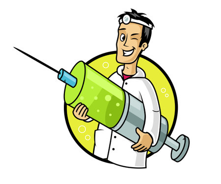 Vector illustration of a cartoon doctor with a syringe in his hand.のイラスト素材