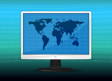 Computer monitor with world map on a blue background. Vector illustration.のイラスト素材