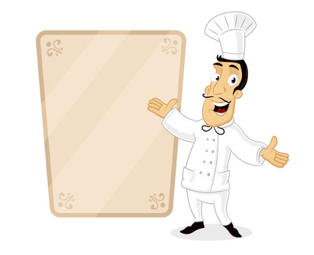 Illustration of a cartoon chef holding a menu board with space for textのイラスト素材