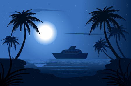 Illustration of a cruise ship and palm trees on the beach at nightのイラスト素材