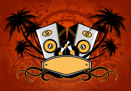 Music background with speakers,vinyl records  and palms. Grunge vector illustration.のイラスト素材